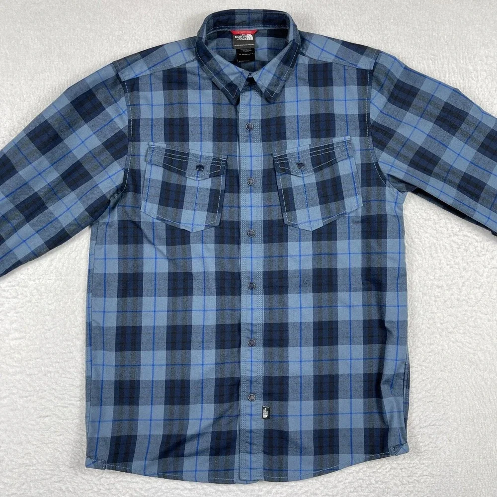 North Face Shirt Mens Small Blue Plaid‎ Snap Outdoors Camping Hiking Travel Work